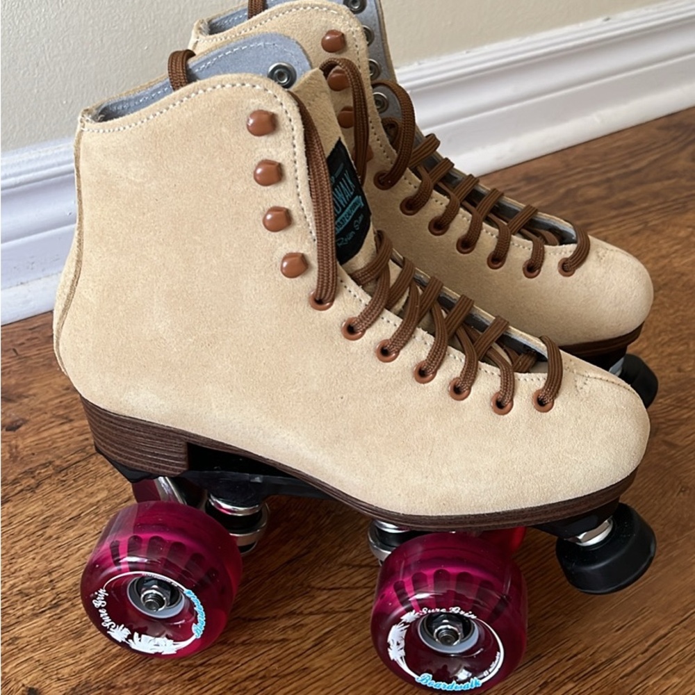 Tan Suede Roller Skates with Pink Wheels
